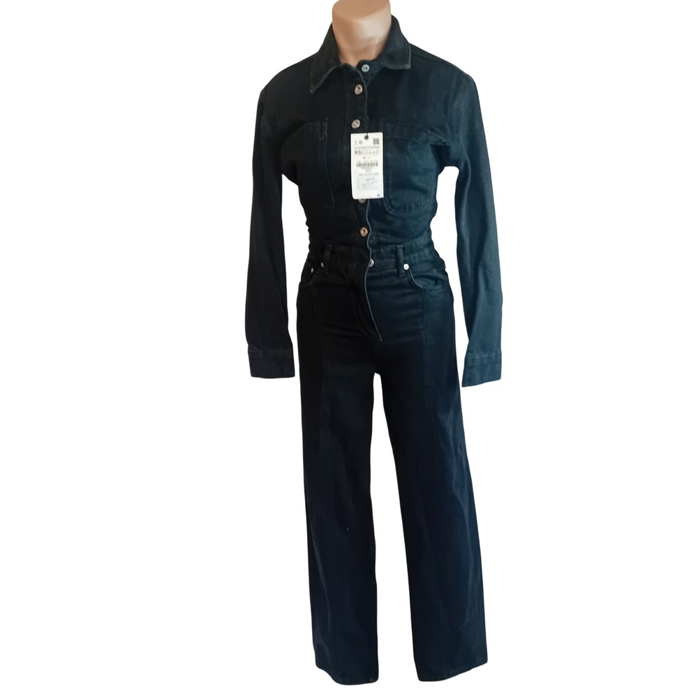 NWT New Zara Denim Collection Jumpsuit Long‎ Sleeves Buttons Coveralls Trendy XS
